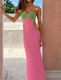 LOURDASPREC-Vacation Outfits Ins Style Metal Shell Decor Colorblock Cut-out Bodycon Maxi Dress