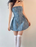 LOURDASPREC-Vacation Outfits Ins Style Lace Up Off Shoulder Denim Mini Dress