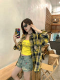 LOURDASPREC-Hong Kong Style Suit Yellow Vintage Plaid Shirt Letter Print Camisole Women's Summer Denim Shorts Three-piece Set