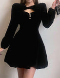 LOURDASPREC-Vacation Outfits Ins Style Elegant Chest Cutout Velvet Long Sleeve Party Mini Dress