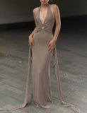 LOURDASPREC-Vacation Outfits Ins Style O-ring Decor Halter Bodycon Maxi Dress