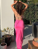 LOURDASPREC-Vacation Outfits Ins Style Cutout Gradient Ruched Rhinestone Strap Slim Maxi Dress