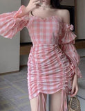 LOURDASPREC-Vacation Outfits Ins Style Off Shoulder Plaid Print Drawstring Dress