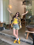 LOURDASPREC-Hong Kong Style Suit Yellow Vintage Plaid Shirt Letter Print Camisole Women's Summer Denim Shorts Three-piece Set