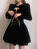 LOURDASPREC-Vacation Outfits Ins Style Elegant Chest Cutout Velvet Long Sleeve Party Mini Dress