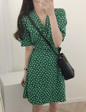 LOURDASPREC-Vacation Outfits Ins Style Deep V Neck Summer Green Floral Slip Dress For