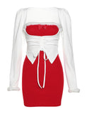 LOURDASPREC-Vacation Outfits Ins Style Faux Fur Trim Contrast Color Bodycon Mini Dress