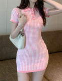 LOURDASPREC-Vacation Outfits Ins Style Plaid Polo Neck Slim Fit Hips Short Sleeve Knit Dress