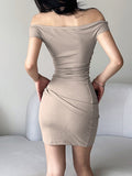 LOURDASPREC-Vacation Outfits Ins Style Off Shoulder Solid Color Ruched Bodycon Mini Dress