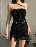 LOURDASPREC-Vacation Outfits Ins Style Sequins Halter Bodycon Slit Hem Black Prom Dress