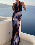 LOURDASPREC-Vacation Outfits Ins Style Summer Tie Dye Print Halter Neck Vacation   Maxi Dress