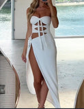 LOURDASPREC-Vacation Outfits Ins Style Holiday   Slim Bust Shower Babes Bandage Slit Design Tube Top Dress