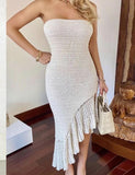 LOURDASPREC-Vacation Outfits Ins Style Irregular Fringe Hem Strapless Crochet Midi Dress