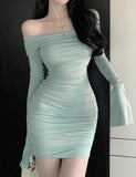 LOURDASPREC-Vacation Outfits Ins Style Asymmetrical Flounce Sleeve Bodycon Mint Dress