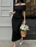 LOURDASPREC-Vacation Outfits Ins Style Off Shoulder Ruched Knit Bodycon Prom Formal Maxi Dress