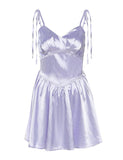 LOURDASPREC-Vacation Outfits Ins Style Satin V Neck Backless Tie Belt Ruffled Purple Dress