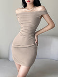 LOURDASPREC-Vacation Outfits Ins Style Off Shoulder Solid Color Ruched Bodycon Mini Dress