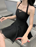 LOURDASPREC-Vacation Outfits Ins Style Halter Open Back Summer Mesh Black   Mini Dress