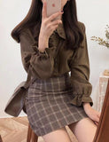 LOURDASPREC-Vacation Outfits Ins Style Vintage Chic Doll Collar Shirt Plaid Skirt Two-Piece Set