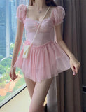 LOURDASPREC-Vacation Outfits Ins Style Semi Sheer Mesh Sleeve Party   Corset Mini Dress