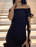 LOURDASPREC-Vacation Outfits Ins Style Off Shoulder Ruffle Irregular High Slit Midi Dress