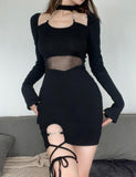 LOURDASPREC-Vacation Outfits Ins Style Mesh Panel Cutout Long Sleeve Black Bodycon Short Dress