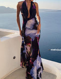 LOURDASPREC-Vacation Outfits Ins Style Summer Tie Dye Print Halter Neck Vacation   Maxi Dress