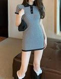 LOURDASPREC-Vacation Outfits Ins Style Plaid Polo Neck Slim Fit Hips Short Sleeve Knit Dress