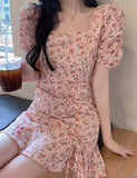 LOURDASPREC-Vacation Outfits Ins Style Floral Square Neck Tie Gentle Wind Korean Style Dress