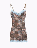 LOURDASPREC-Vacation Outfits Ins Style Mesh Spice Girls Print Lace Panel Slim Short Dress