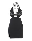 LOURDASPREC-Vacation Outfits Ins Style Black Rhinestone Decor Cutout Halter Bodycon Short Dress