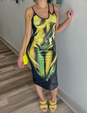 LOURDASPREC-Vacation Outfits Ins Style Fire Print Asymmetrical Cami Midi Dress