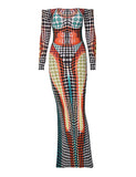 LOURDASPREC-Vacation Outfits Ins Style Geometric 3D Printed Neck Long Sleeve Slim Long Dress