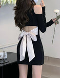 LOURDASPREC-Vacation Outfits Ins Style Off Shoulder Asymmetric Bow Summer Party Black Bodycon Dress