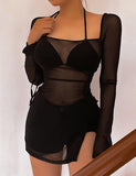 LOURDASPREC-Vacation Outfits Ins Style Mesh See-through Slit Hem Black Dress