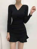 LOURDASPREC-Vacation Outfits Ins Style Cross V Neck Elastic Slim Ruffle Long Sleeve Dress