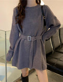 LOURDASPREC-Vacation Outfits Ins Style Crew-neck Baggy Belt Knit Dress