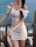 LOURDASPREC-Vacation Outfits Ins Style French Puff Sleeve Pleated Drawstring Slim Dress