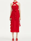 LOURDASPREC-Vacation Outfits Ins Style Red Ruffle Fringe Strapless Midi Dress For