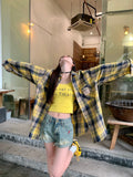 LOURDASPREC-Hong Kong Style Suit Yellow Vintage Plaid Shirt Letter Print Camisole Women's Summer Denim Shorts Three-piece Set