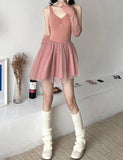 LOURDASPREC-Vacation Outfits Ins Style Ballet Mesh Patched Pleated Cami Dress With Long Sleeve Cardigan