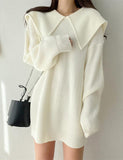 LOURDASPREC-Vacation Outfits Ins Style Solid Color Peter Pan Neck Loose Knit White Dress For