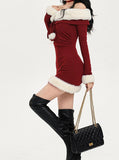 LOURDASPREC-Vacation Outfits Ins Style Knitted Christmas Dress with Lambswool Collar