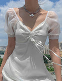 LOURDASPREC-Vacation Outfits Ins Style Drawstring Puff Sleeve Chiffon Wedding Guest White Dress