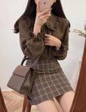 LOURDASPREC-Vacation Outfits Ins Style Vintage Chic Doll Collar Shirt Plaid Skirt Two-Piece Set