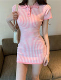 LOURDASPREC-Vacation Outfits Ins Style Plaid Polo Neck Slim Fit Hips Short Sleeve Knit Dress