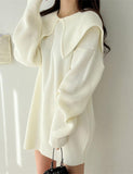 LOURDASPREC-Vacation Outfits Ins Style Solid Color Peter Pan Neck Loose Knit White Dress For