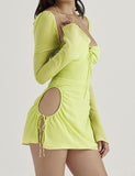 LOURDASPREC-Vacation Outfits Ins Style Solid Color Drawstring Cut-out Mini Dress