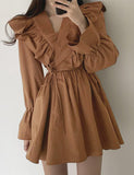 LOURDASPREC-Vacation Outfits Ins Style Vintage V Neck Ruffle Tie Bell Sleeve Peplum Short Dress