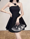 LOURDASPREC-Vacation Outfits Ins Style Flower Decor Strapless Black Prom Short Dress